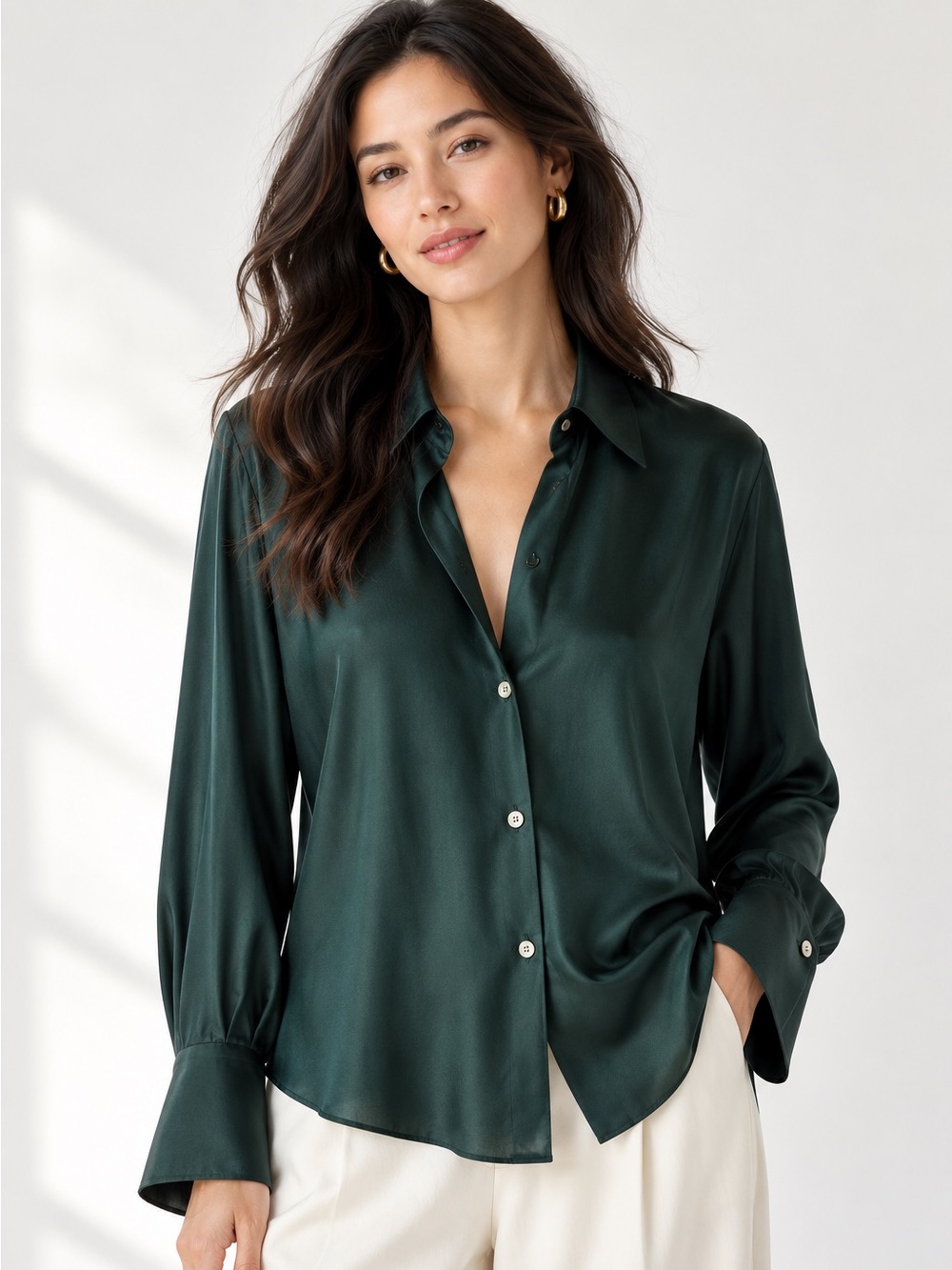 Vince Silk Bias Blouse XL Juniper Green 100% Silk Button Up Blouse Top